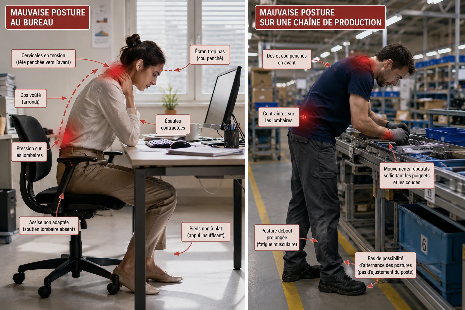 Facteurs de risque de TMS : mauvaise posture au poste de travail, bureau et chaine de production