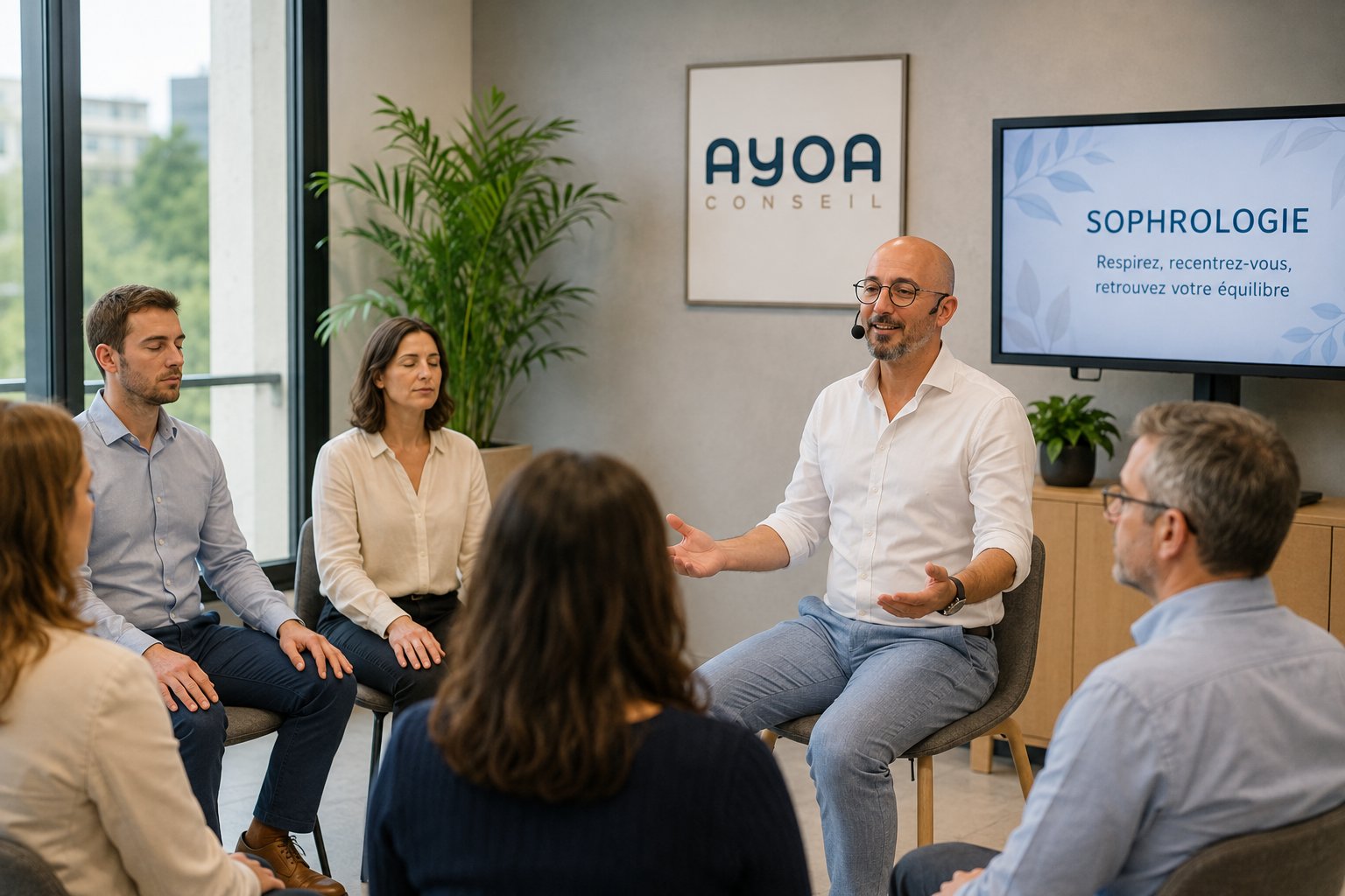 Franck Mansuy, sophrologue, anime une seance de sophrologie en entreprise, Ayoa Conseil