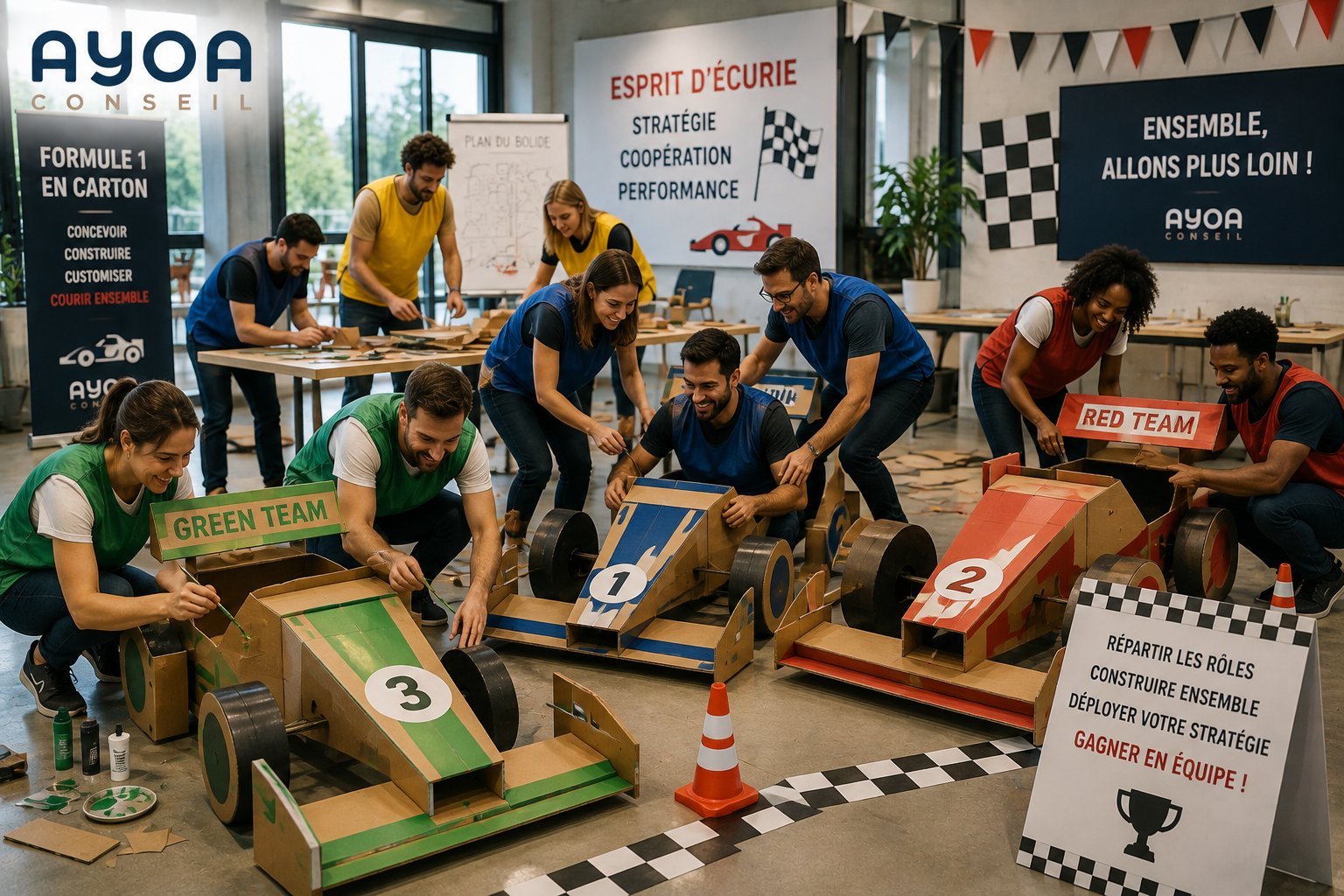 Team building Formule 1 en carton, Ayoa Conseil